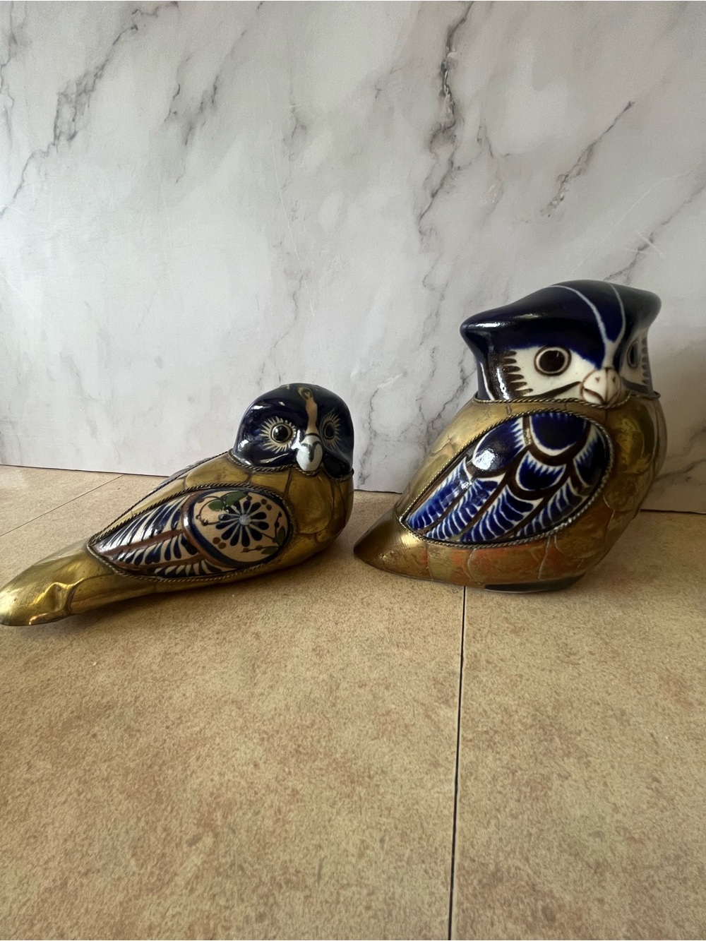 Vintage Mexican Tonala Brass & Ceramic Owl Figurines Pair Mid-Century Folk Art